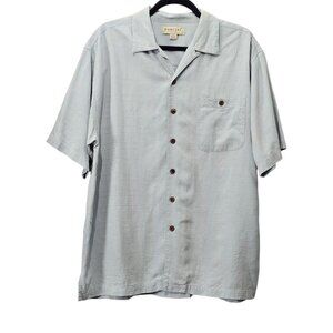 Porcini Men's 100% Silk Short Sleeve Textured Button Up Collar Blue Shirt